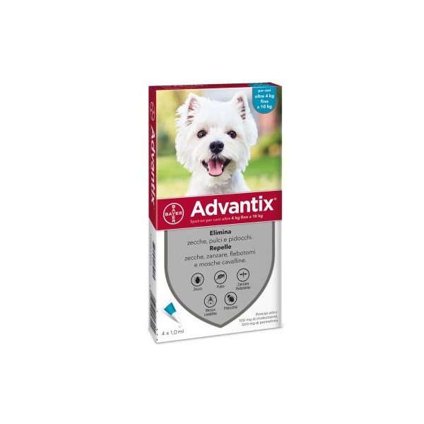 ADVANTIX SPOT ON 4 PIPETTE CANI 4-10 KG  SCAD. 09-2025 -DISPONIBILE ANCHE CONFEZIONE DA 6 PIPETTE