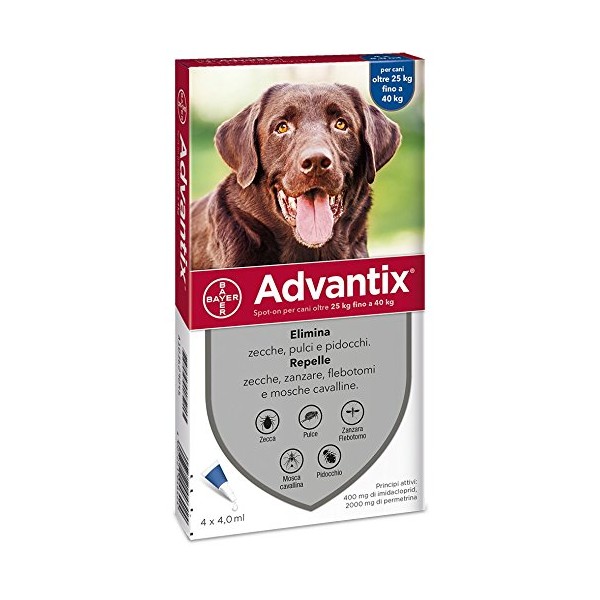 ADVANTIX SPOT ON 4 PIPETTE CANI OLTRE 25 KG   SCAD.  05-2025 -DISPONIBILE ANCHE CONFEZIONE DA 6 PIPETTE